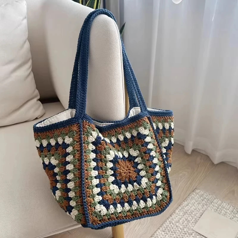 

Vintage Ladies Woven Shoulder Bag Large Capacity Crochet Handbag Tote Bag Hand-knitted Beach Bag Fashion Ethnic Style Women' Bag