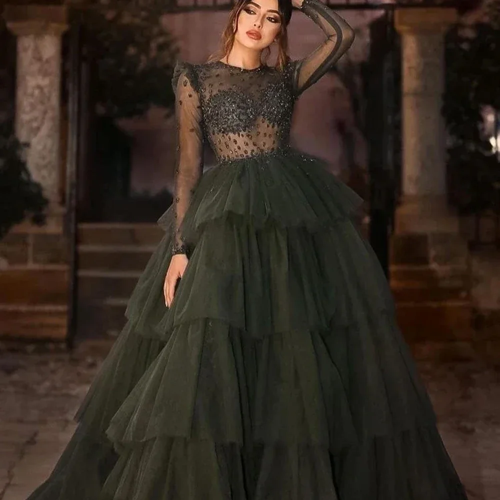 Customized Dress Elegant Vintage Green Crystal Sequins Beading Princess Sexy A-Line Formal Occasion Prom Dress Evening Party Gow