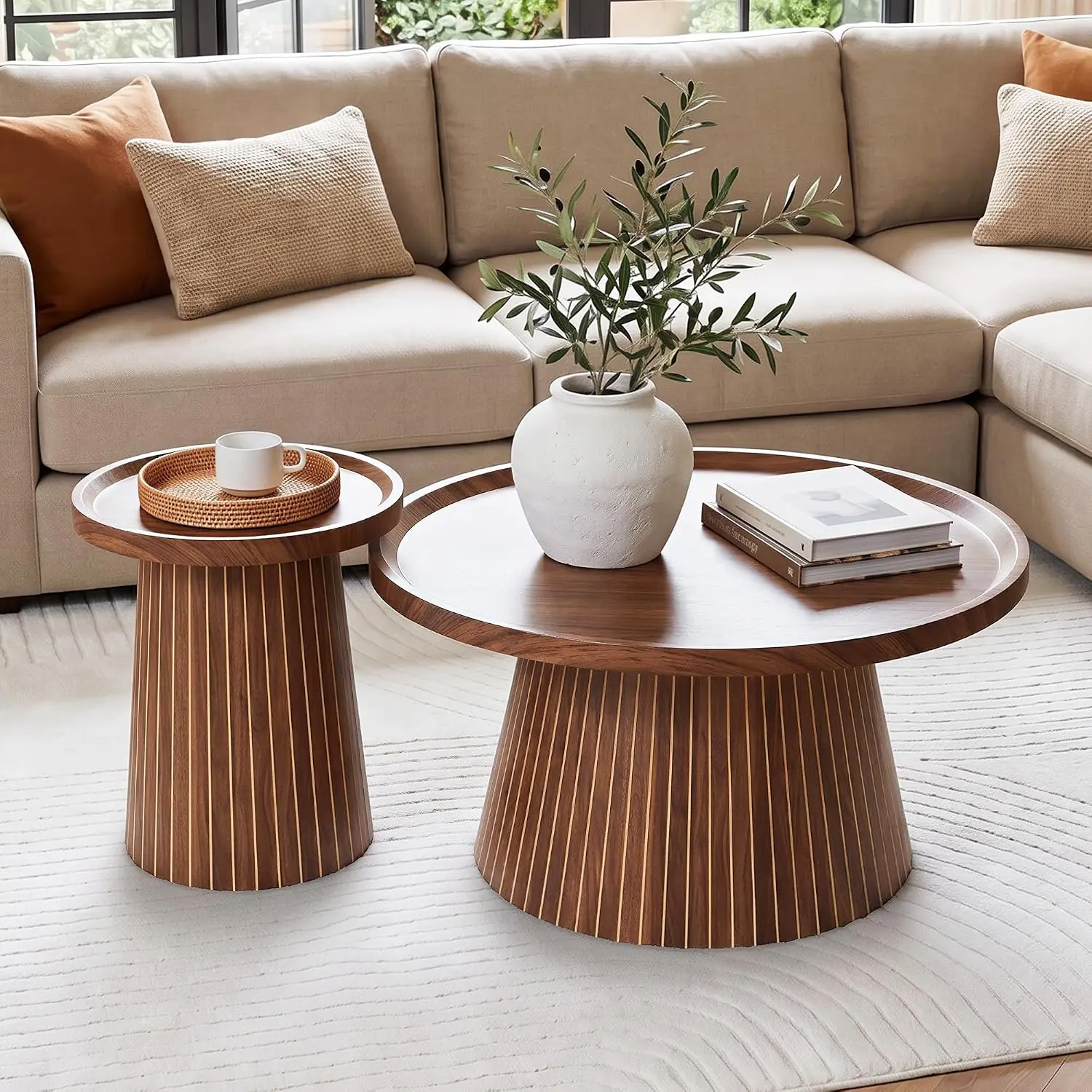 Nesting Coffee Table Set of 2, Circle Center Table Fluted Drum