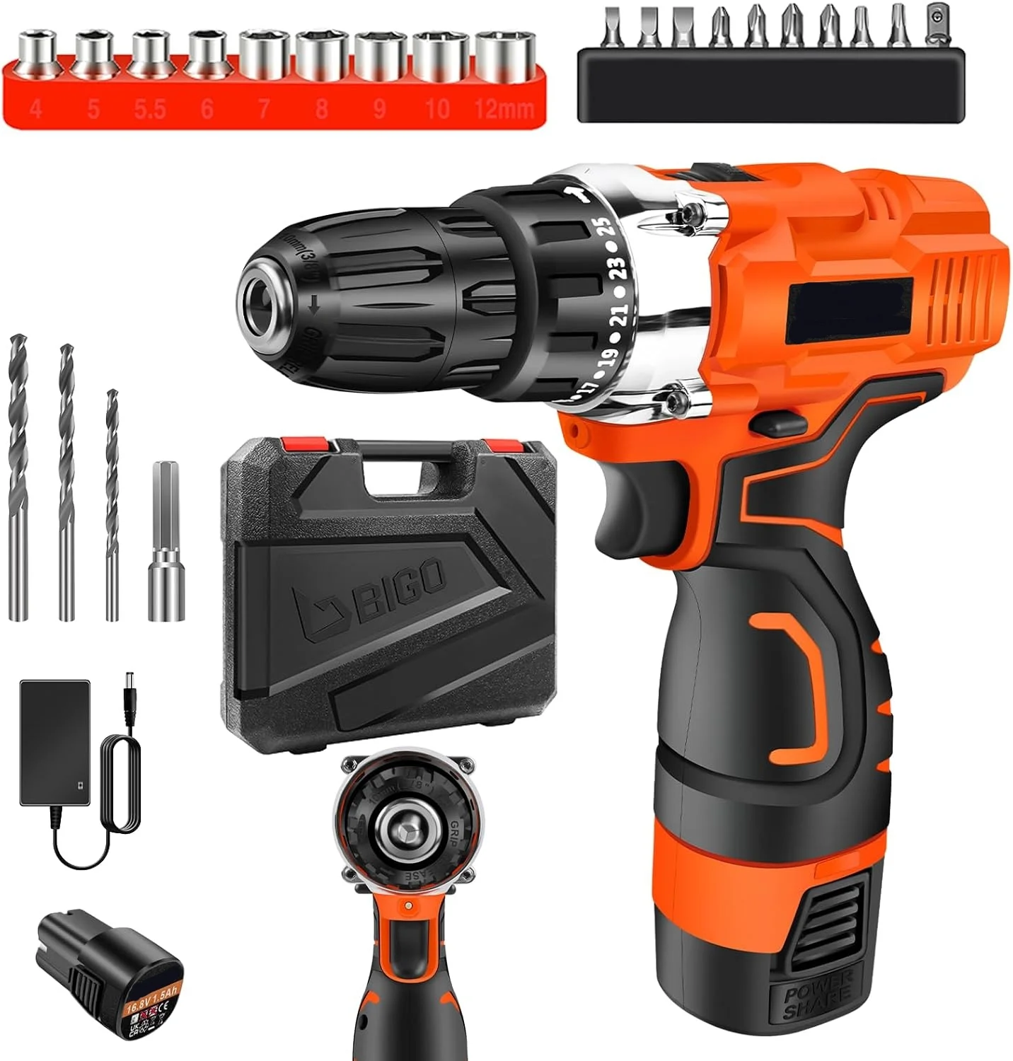 Cordless Drill 16.8V Brushed Impact Electric Drill Cordless Screwdriver Rechargeable Battery 3/8 Inch 2-Speed Hammer Power Tools