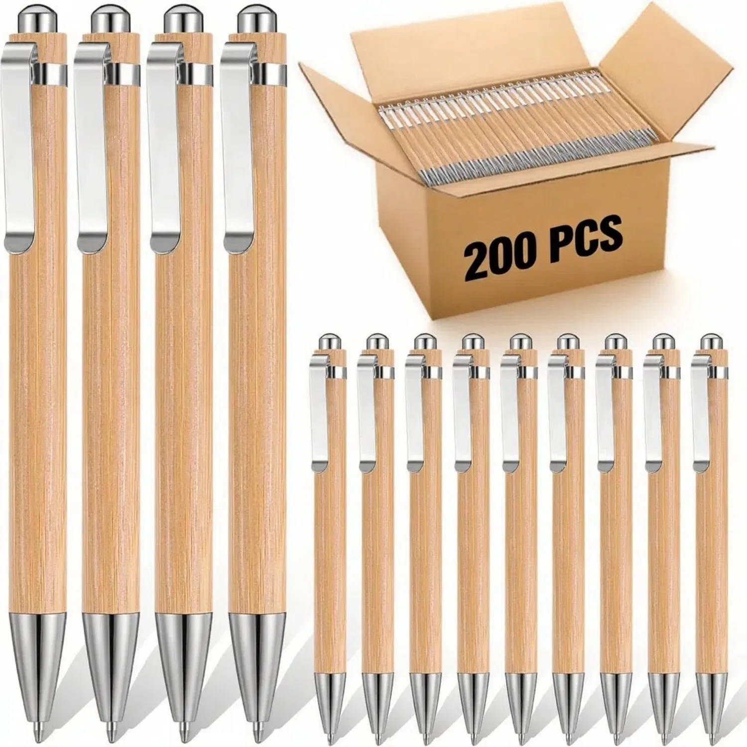 200 Pcs Bamboo Ballpoint Pens Bulk - Retractable Engravable Pens with 1mm Medium Point for Smooth Writing, Corporate Gifts, Journaling & Office Supplies