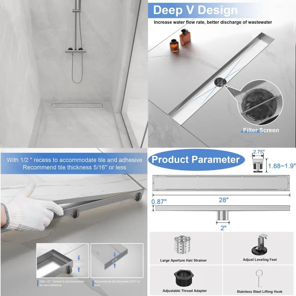 

28-Inch Brushed Nickel Linear Shower Drain with Tile Insert and Hair Strainer for Bathroom