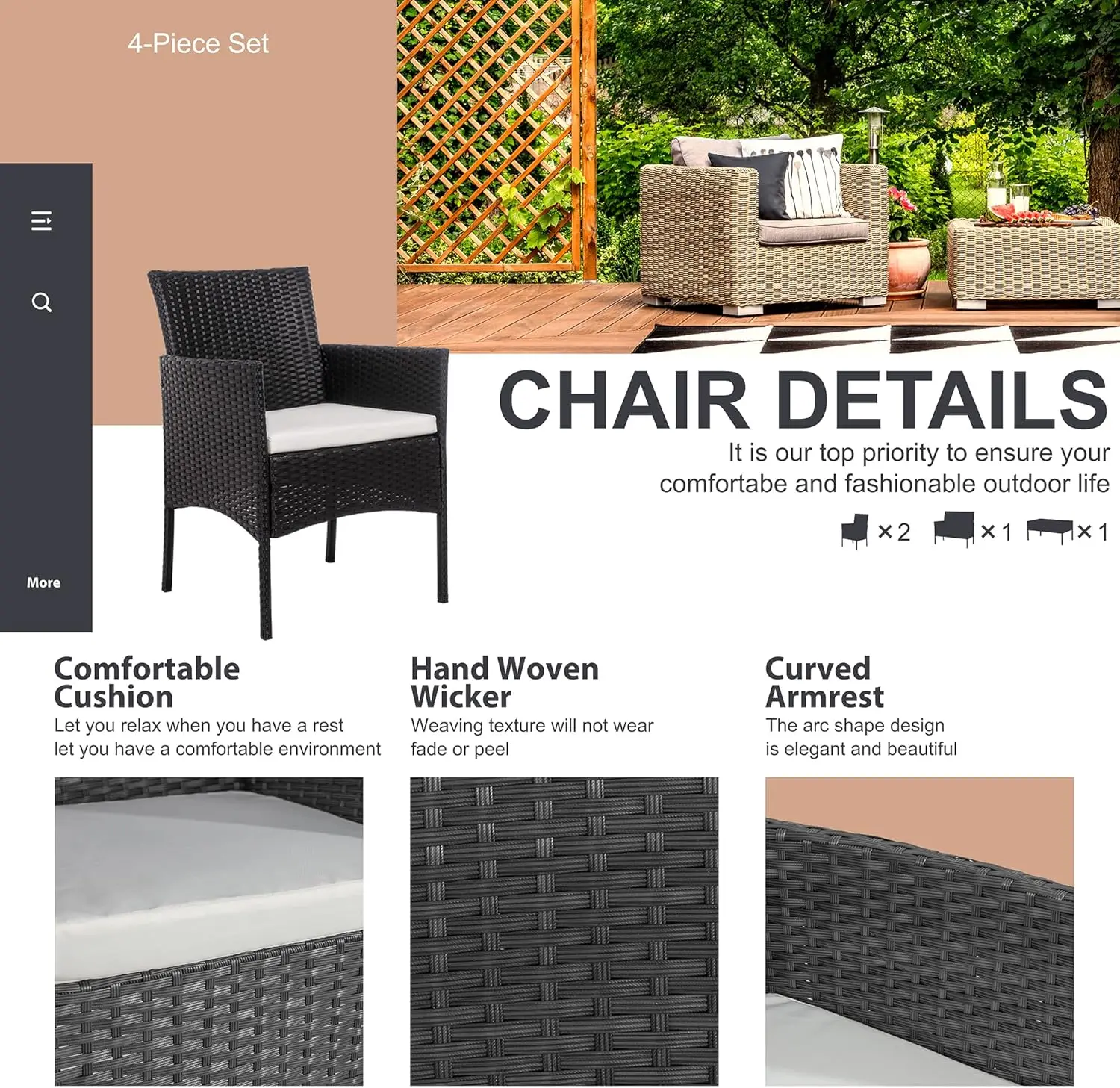 طقم أثاث خارجي مكون من 4 قطع مع كراسي خوص وطاولة قهوة زجاجية للحديقة أو بجانب حمام السباحة