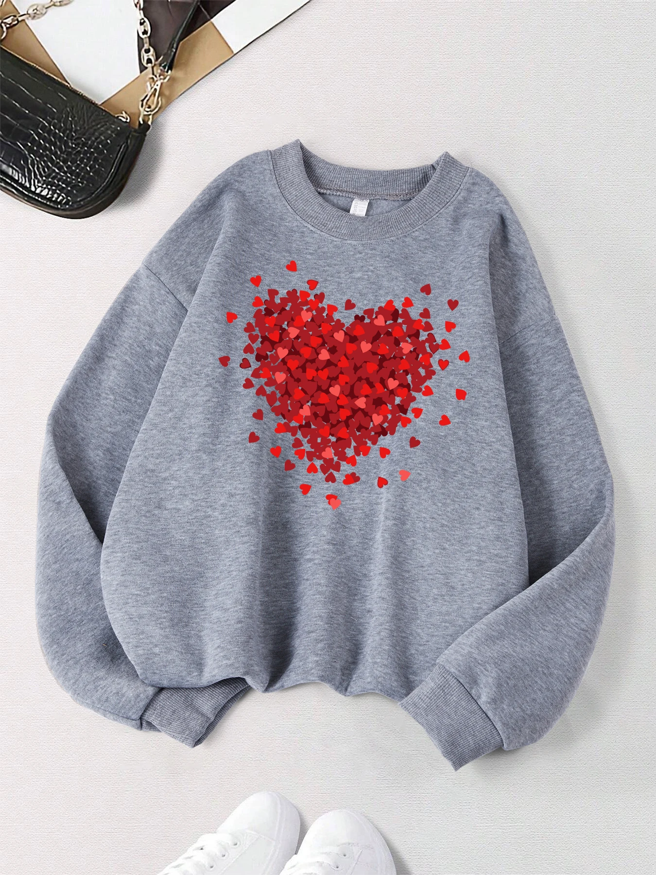 Coleção de coração vermelho padrão feminino moletom rua crewneck pulôver outono all-match topo y2k casual velo roupas femininas