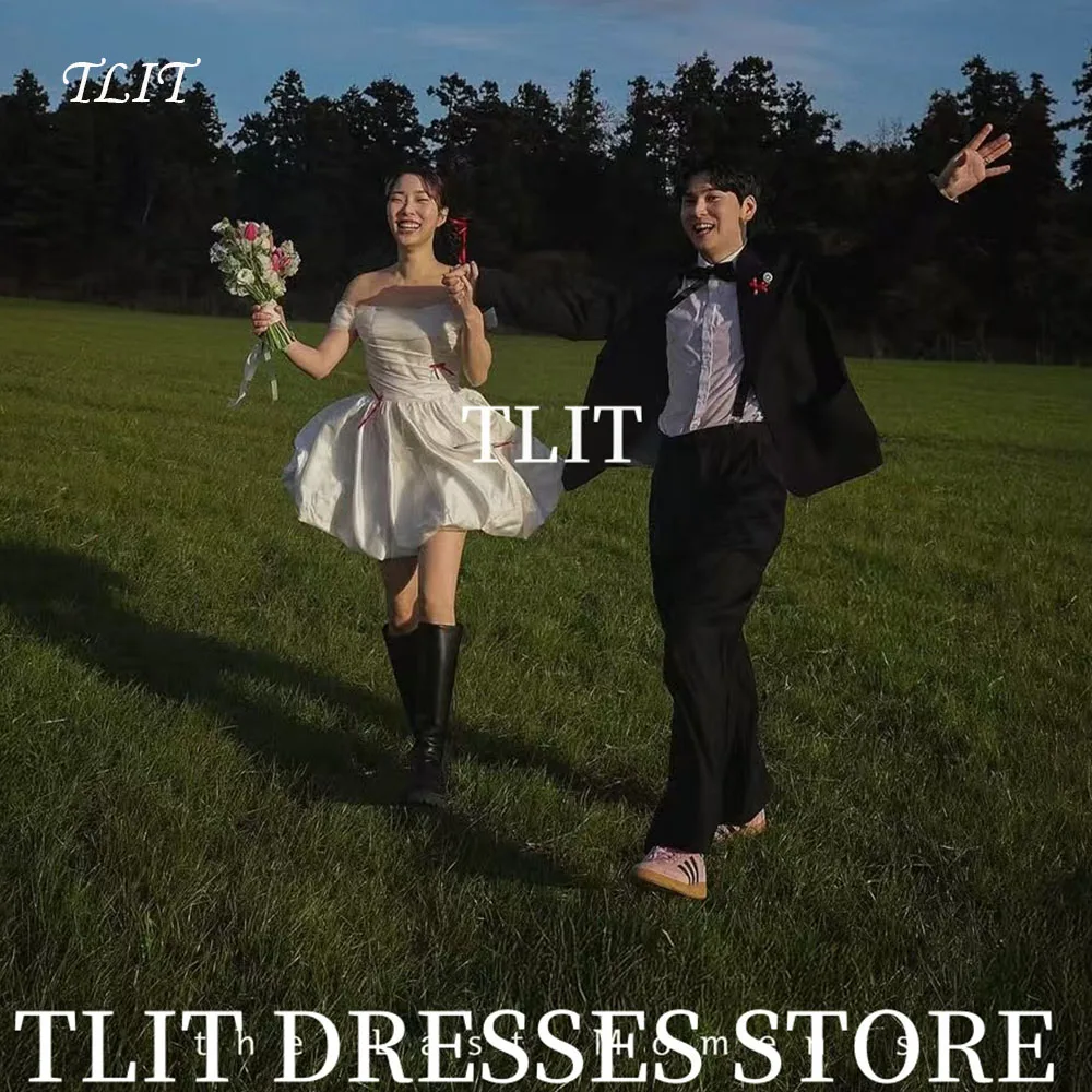 فساتين زفاف قصيرة من قماش التفتا الحريري الكوري من TLIT قبالة الكتف فستان زفاف أنيق لالتقاط الصور مصنوع حسب الطلب للعروس
