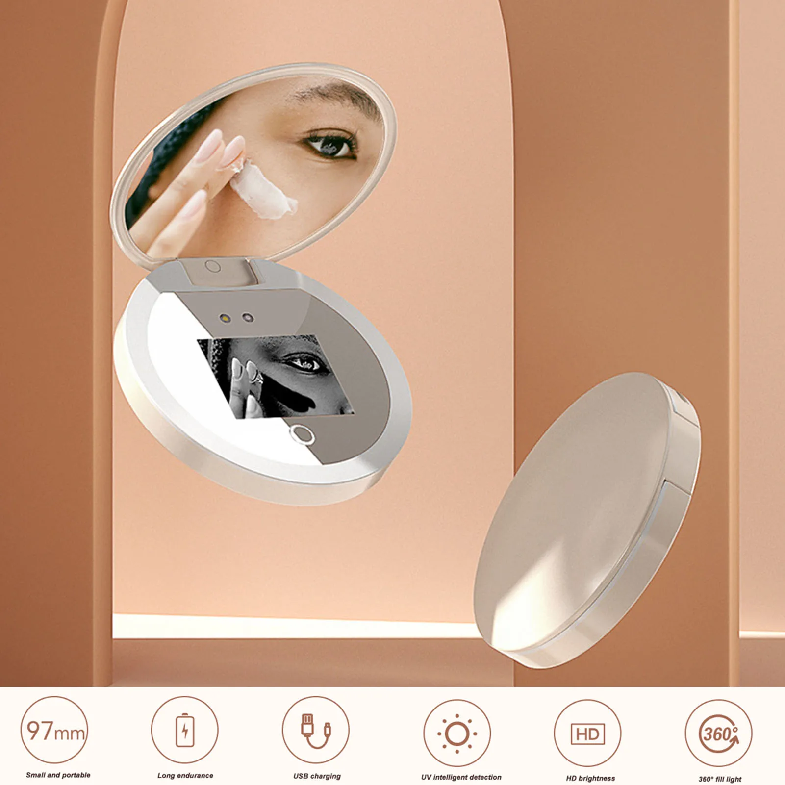 

New UV Mirror Sunscreen Testing Camera with Light 2X Magnification Travel Makeup 3.5inch Pocket Size L For Sunscreen Testing