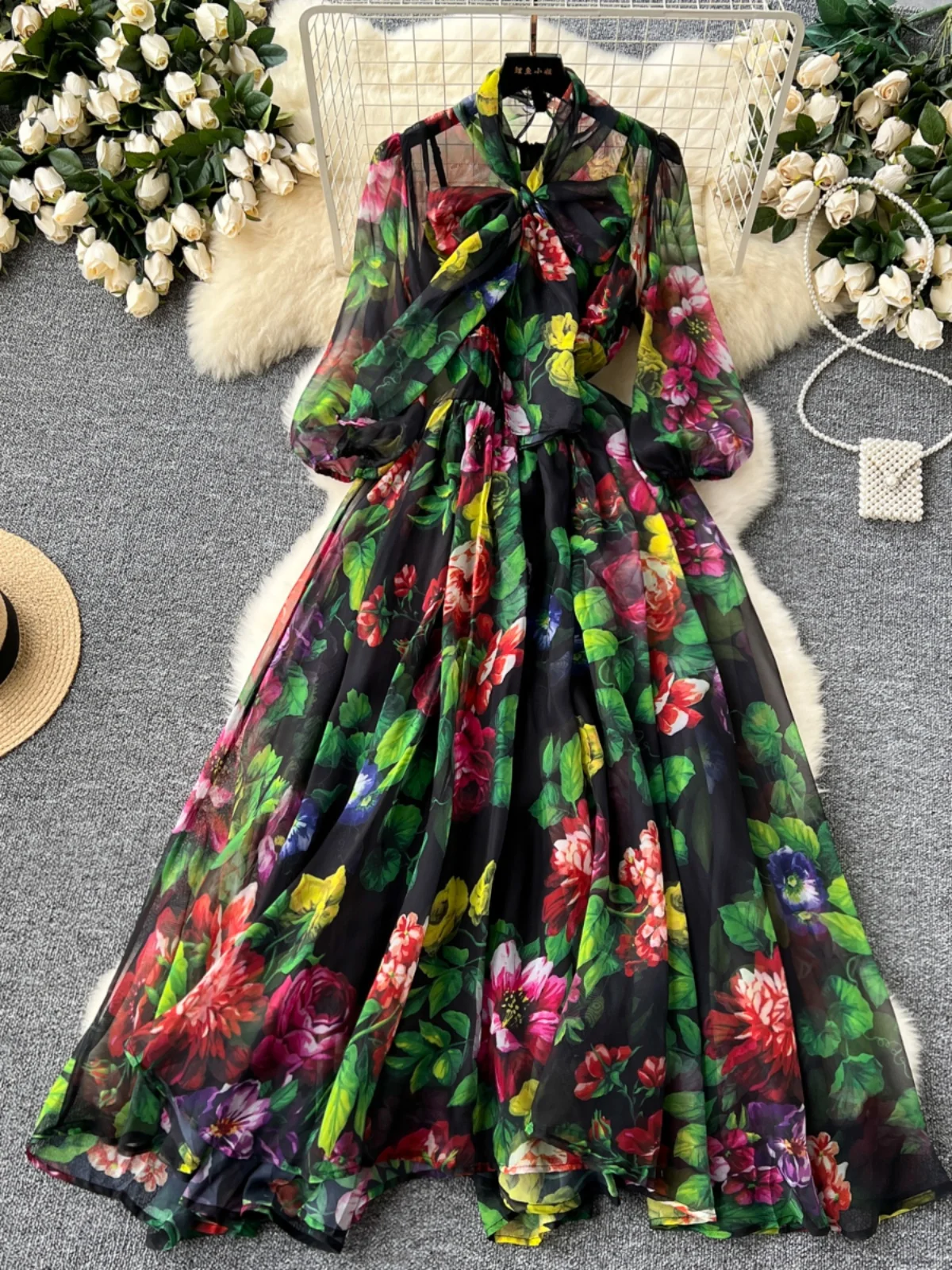 

Vintage Perspective Bowknot Floral Black Long Chiffon Dress