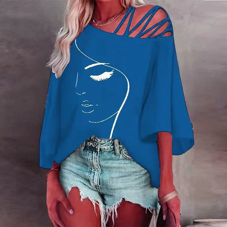 Women Face Line Graphic Tee Off Shoulder Cutout Strap Flare Half Sleeve T Shirt Loose Casual Summer Streetwear Top