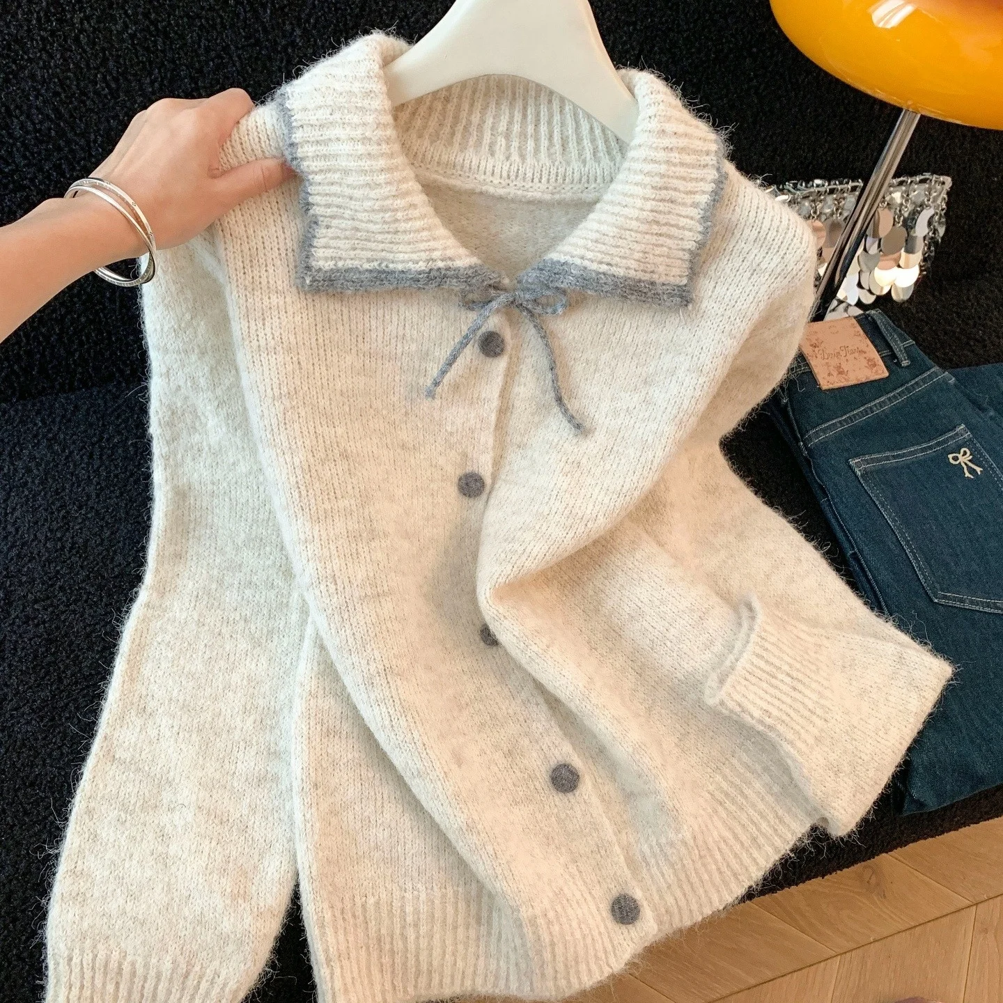   كارديجان طويل محبوك على الطراز الكوري للنساء، ملابس خارجية أنيقة من ألياف البوليستر لموسم الشتاء