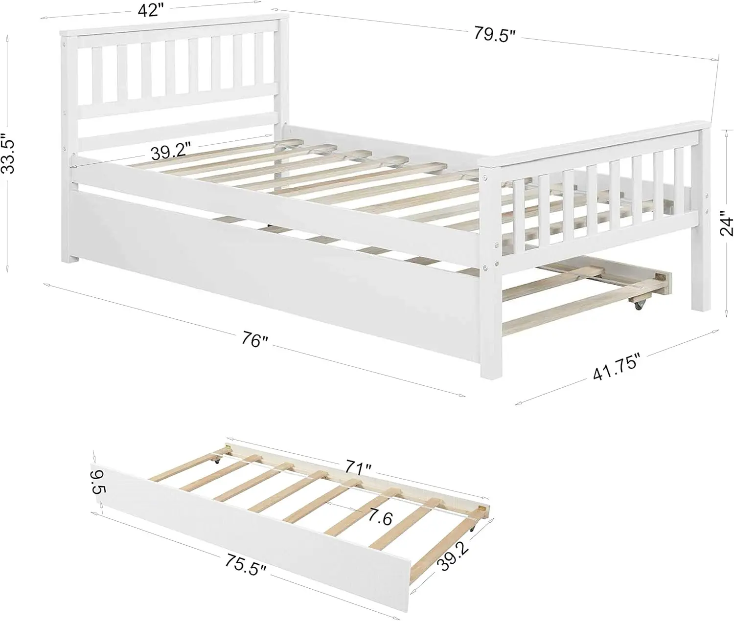 Twin Bed With Pullout Trundle Bed For Kids, Solid Wood Platform Bed Frame With Headboard, Footboard For Teens Boys Girls,No Box