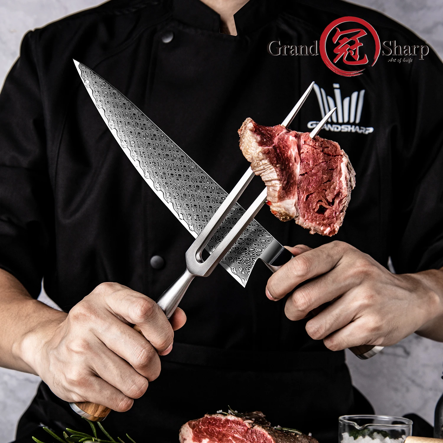 

Вилка Grandsharp для жарки говядины 430, кованая вилка для резьбы из нержавеющей стали, смола, оливковое дерево, ручка, вилка для мяса, инструмент для приготовления пищи