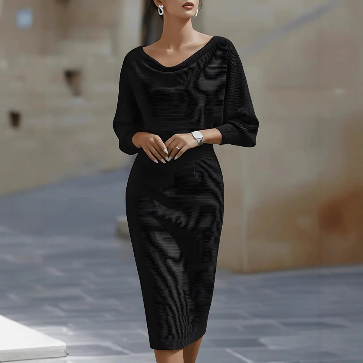 

2026 Independent Station European And American Amazon Fashion Draped Batwing Sleeve Mid-Length Dress