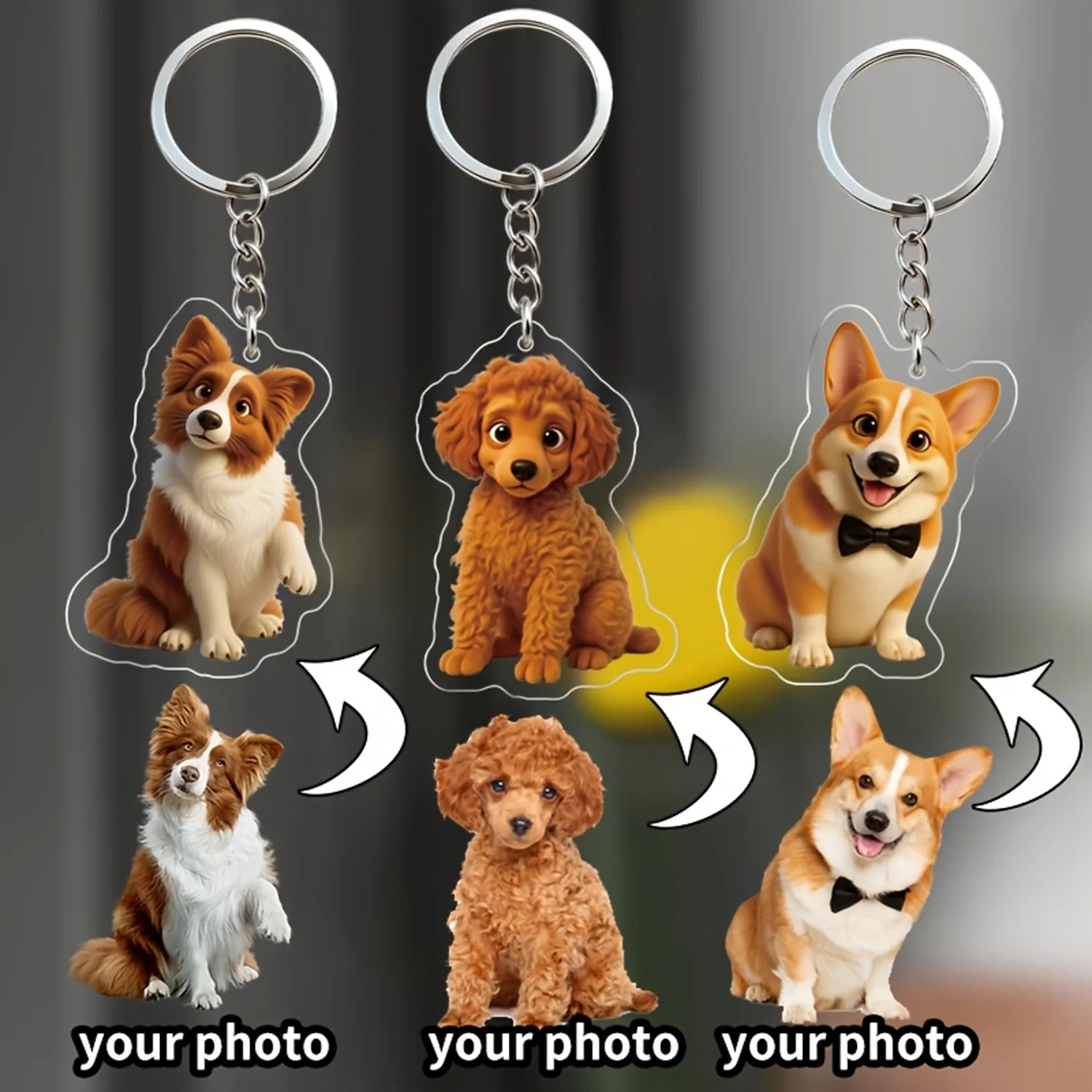 Customized cartoon portrait keychain. Transform your photo into a cartoon image. The ideal gift for friends.