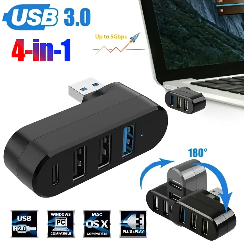 

USB 3.0 Power Adapter 180° Rotatable 4 Ports USB 3.0 2.0 HUB Type C Hub High Speed Data Transfer Docking Station For PC Laptops