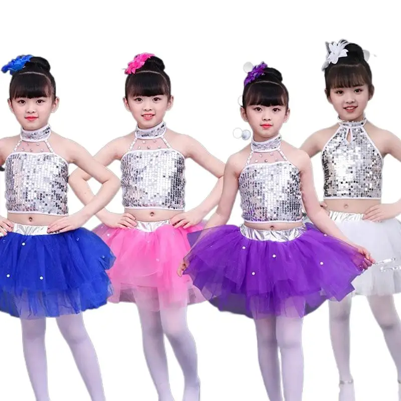 

3PCS Girl Sequins Jazz Salsa Dance Clothing Kid Ballroom Rumba Samba Tango Modern Tutu Dress For Prom Stage Dancewear Costume