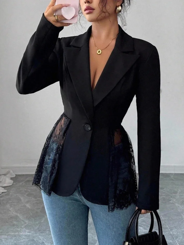 Women Fashion Notched Collar Long Sleeve One-button Perspective Sexy Versatile Suit Coat Elegant Lace Patchwork Blazer
