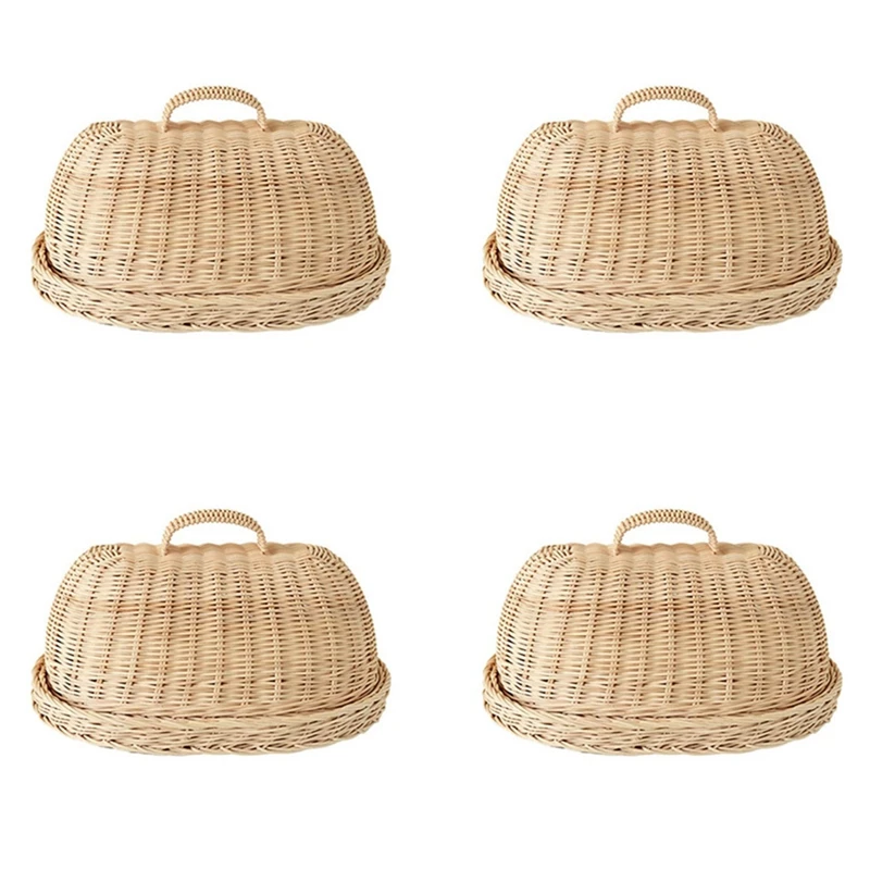 4X Rattan Storage Tray With Cover,Hand-Woven Wicker Baskets,Bread Fruit Food Breakfast Display Box,For Food, Fruit,Cake