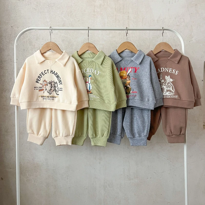 

2025 Autumn New Children's Pure Cotton Cartoon Printed POLO Collar Hoodie and Pants Two-piece Set