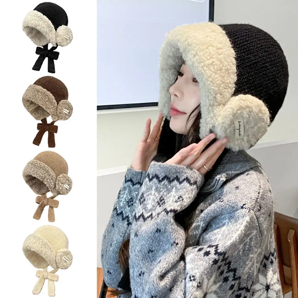 

Cute Warm Thick Women Knitted Hat with Ties Windproof Ear Protection Cap Coldproof Thickened Lei Feng Hat Winter Outdoor