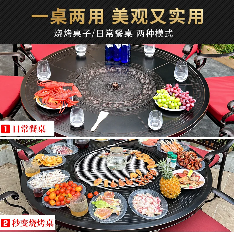 Juego de mesa y sillas para barbacoa de aluminio fundido para ocio al aire libre comercial, mesa de Patio de acero al carbono para barbacoa de carbón para patio doméstico