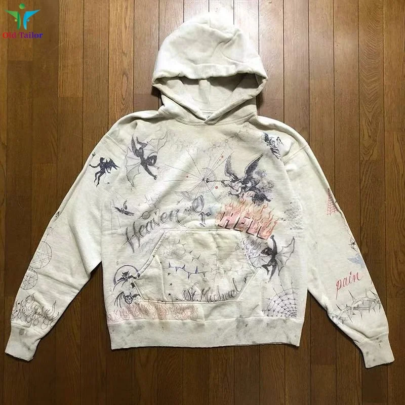 

High-end 25SS Saint Angel and Devil Print Hand-painted Graffiti Washed Sweatshirt Hoodie Winter Men's Women's Clothing