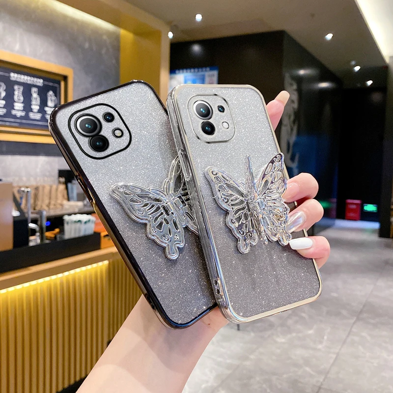 mi11 Butterfly Luxury Bling Gilitter Phone Holder Case For Xiaomi Mi 11 14 12 13 Lite T Pro redmi K40 K30 K60 K50 K70 Pro Cover