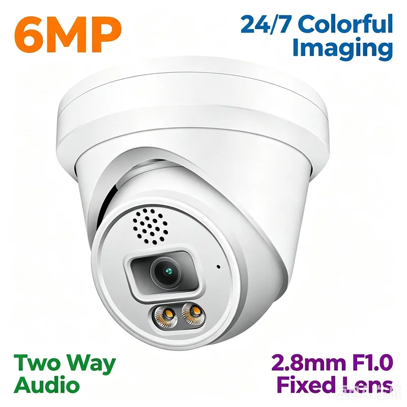 6MP Dome Camera 2.8mm F1.0 Lens IMX335 CMOS 24/7 Full color AI Face Human Vehicle Detection IP67 Waterproof PoE Two Way Audio