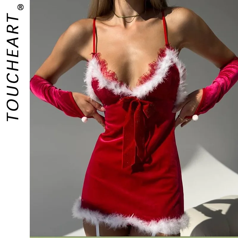 

Toucheart Christmas Cute Sleeping Skirt with Gloves Bow Knot Decor Pure Desire Hollow Out Backless Sexy Interesting Intimate Set