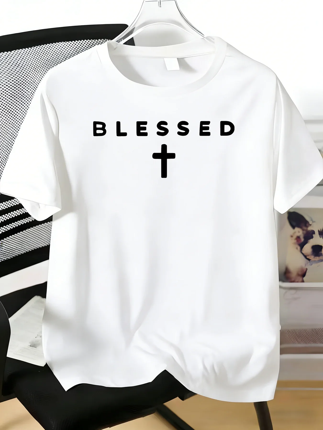 Men's Crew Neck Short Sleeve T-Shirt 'Blessed' Cross Faith Letter Print Soft Cotton Religious Daily Casual Summer Basic Top