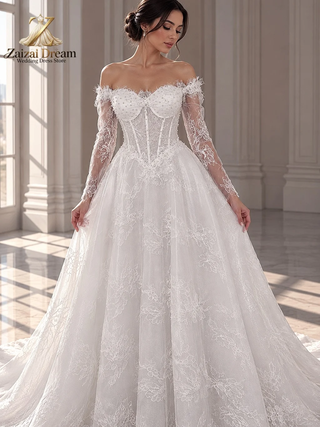 Customzied Luxury Lace Wedding Dress Off Shoulder Long Sleeves Pearl Beaded Corset A Line Bridal Gown Vestido De Novia