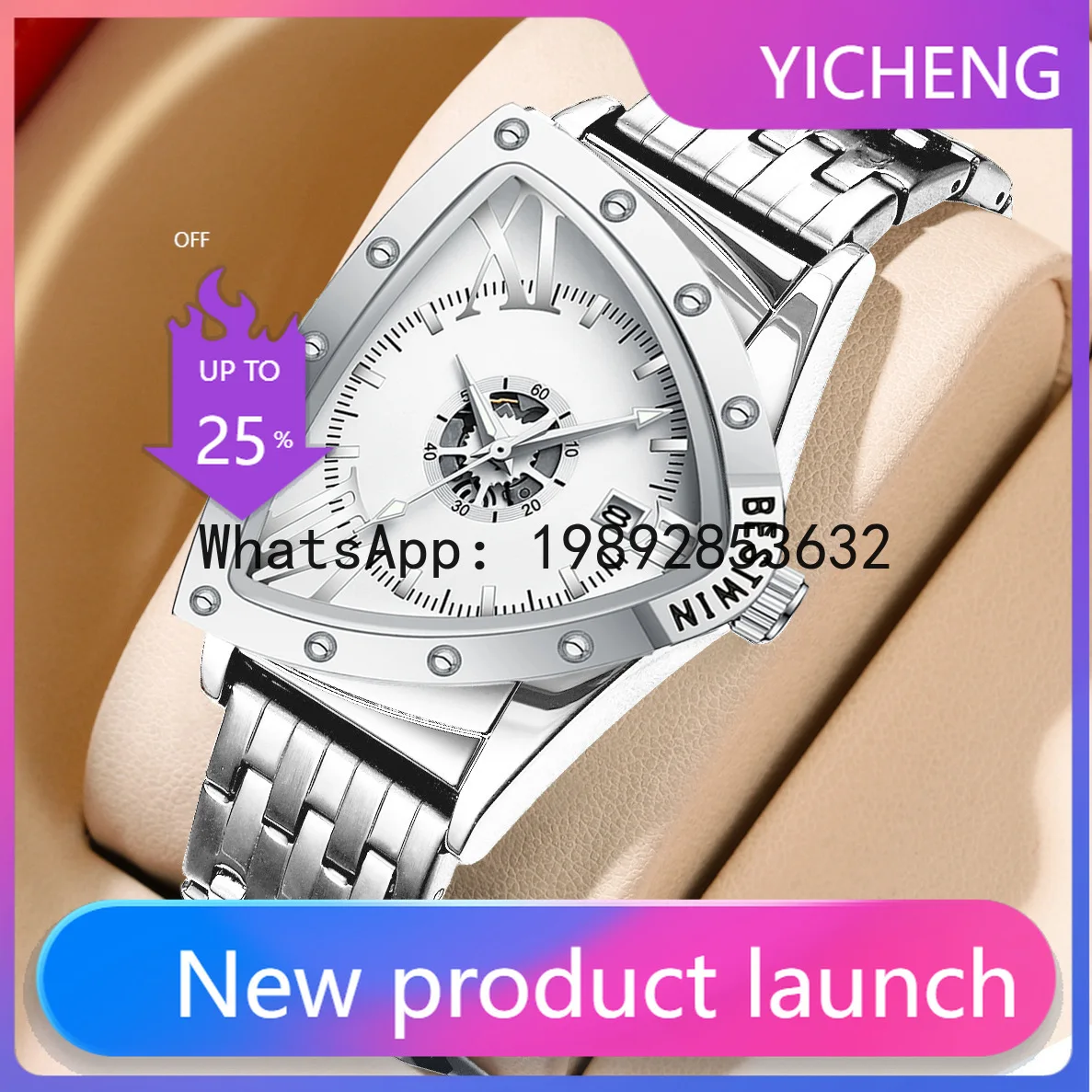 

XL Men's Triangular High-End Trendy Personality Hip-Hop Quartz Watch silver Hollow Design