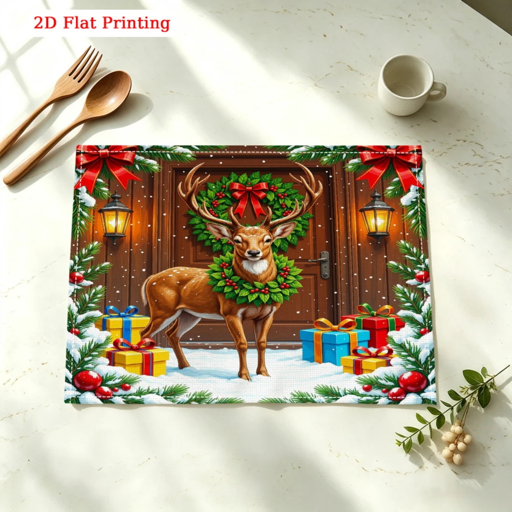 Christmas Deer Wreath Gift Scene Kitchen Placemat Coaster Linen Pad Dish Coffee Cup Table Mat 30x40cm Home Decor