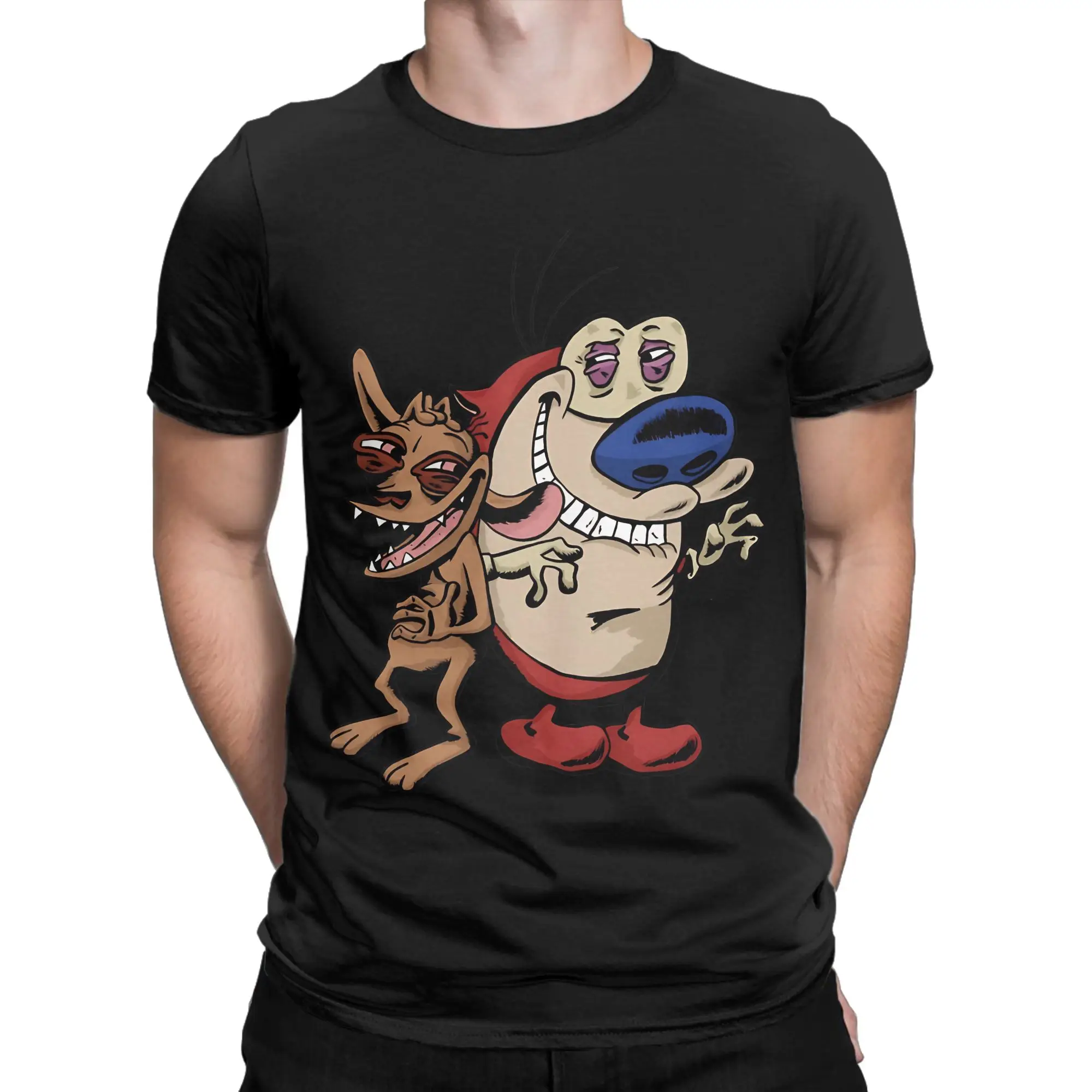 Weird Cat and Dog Graphic Funny Graphic 100% Cotton T-Shirt R-Ren & Stimpy Tees Tops For Men