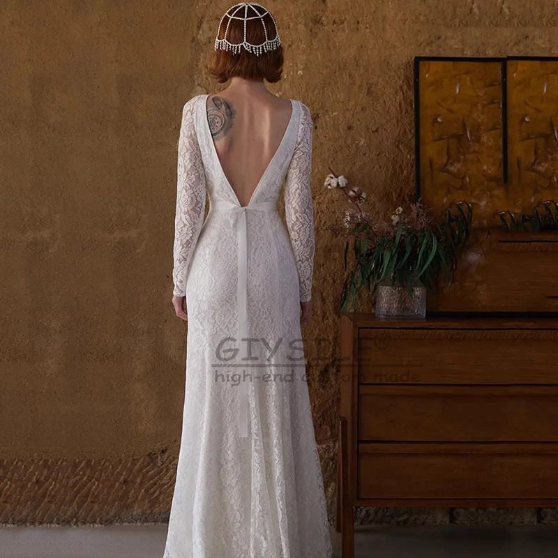 GIYSILE Gaun Pengantin Renda Retro Putih Kustom Gaun Putri Duyung Tali Pinggang Tipis Lengan Panjang Punggung Terbuka Seksi 2025 Mewah