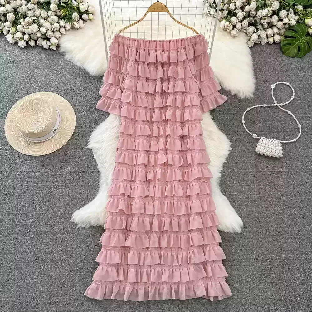 Women Slash Neck Off Shoulder Vintage Short Sleeve Tiered Ruffles Loose A-line Dresses French High Street Spring Winter Clothing