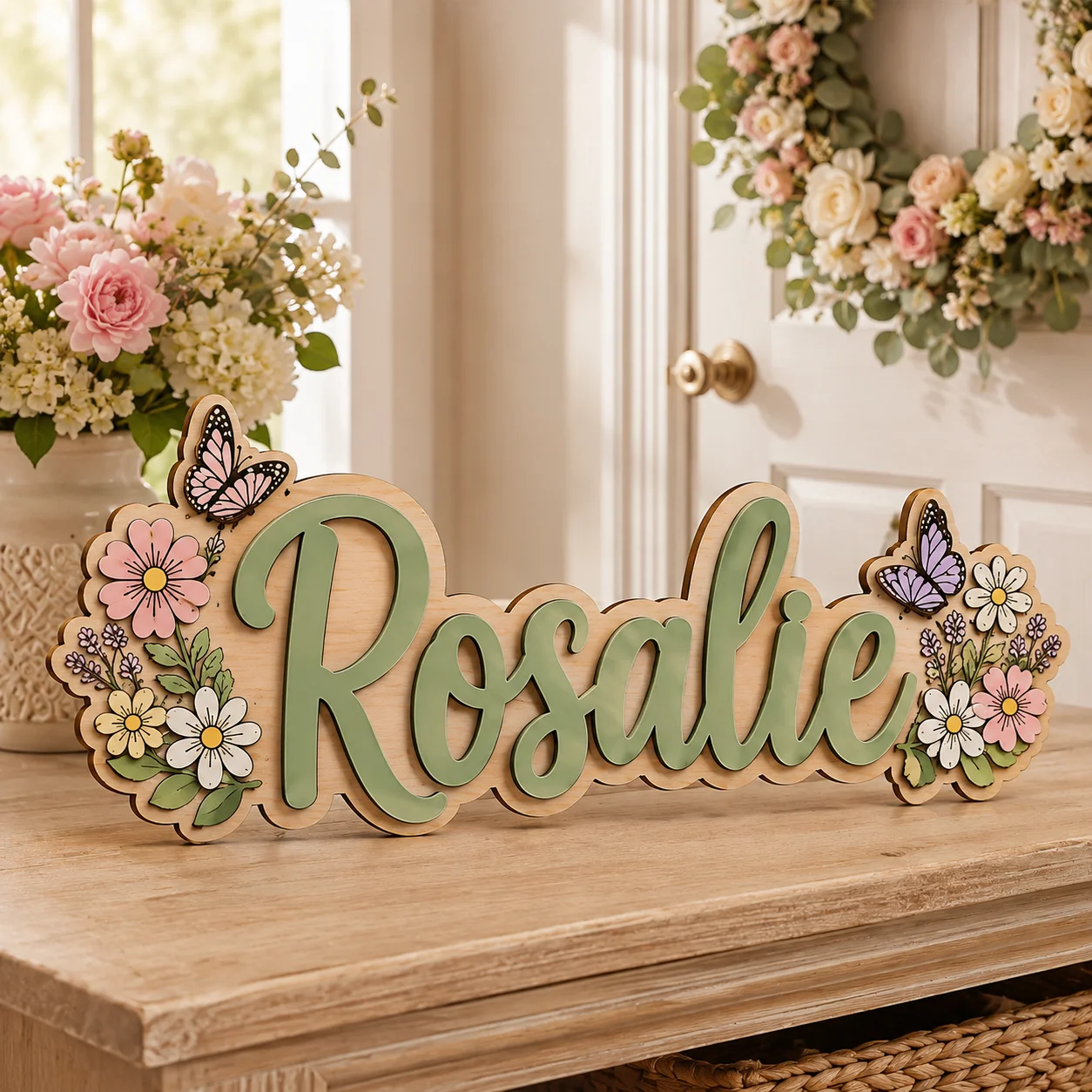 Personalized Name Plaque, Custom Wooden Door Sign Double Layer Wood Decor with Floral Design for Baby Room Home Wall Hanging Gif