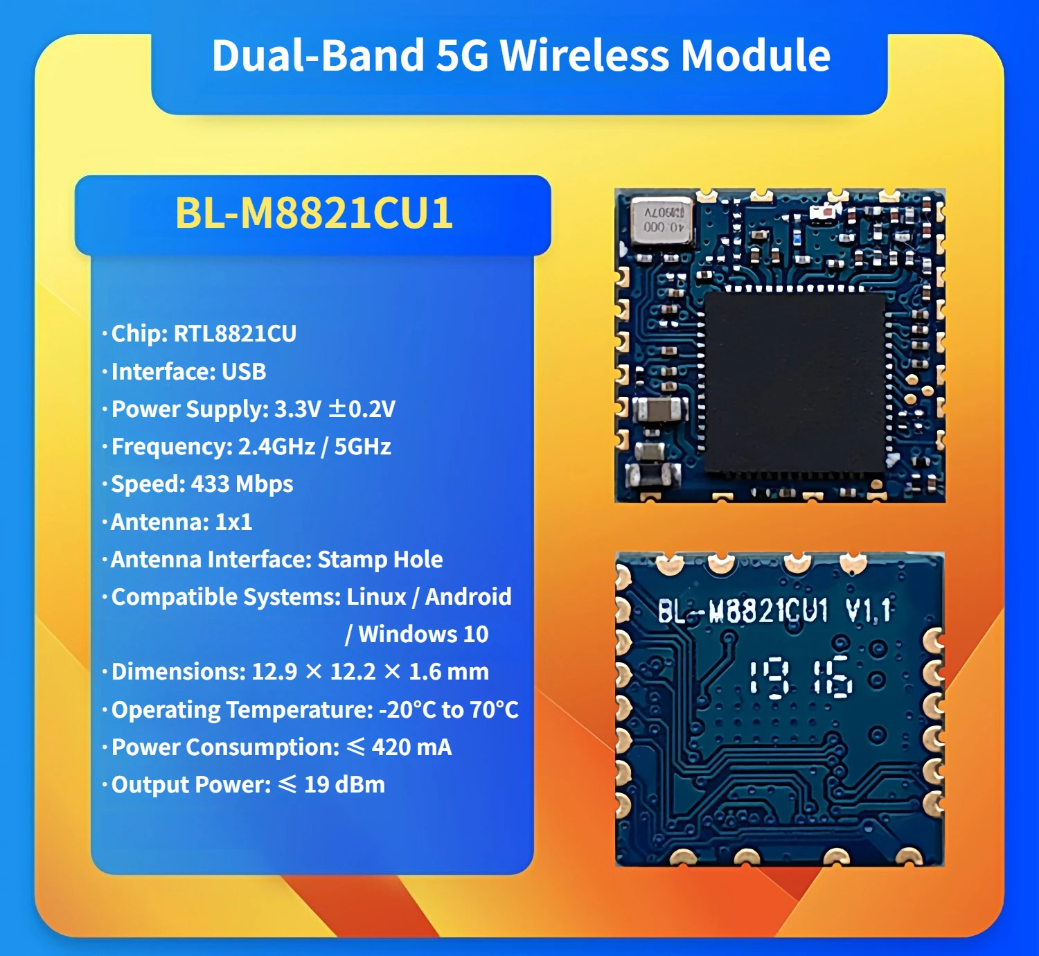 BL-M8821CU1 Dual-Band 5G USB WiFi Bluetooth Combo Module, RTL8821CU Chip, 2.4GHz/5GHz Wireless Adapter for PC/Linux/Android