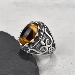 Vintage Handmade Oval Rings For Men Women Stainless Steel Ancient Restro Tiger Eye Stone Ring Size 7-15