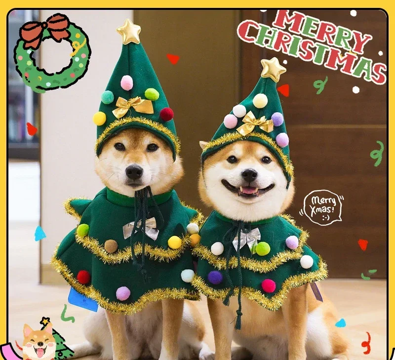 Walking Christmas tree, dog clothes Shiba Inu cute scarf hat autumn and winter festive photo decoration