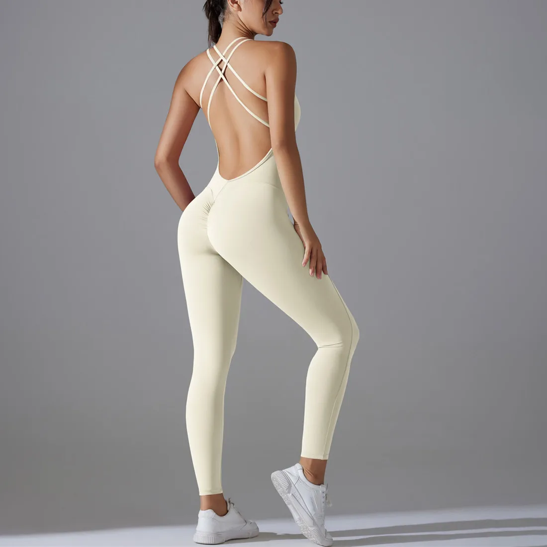 Plus Size Deep V Bodysuits Sports Women Gym Rompers Yoga Set Scrunch Legging Workout One-Piece Jumpsuit Suit Active Wear XP307
