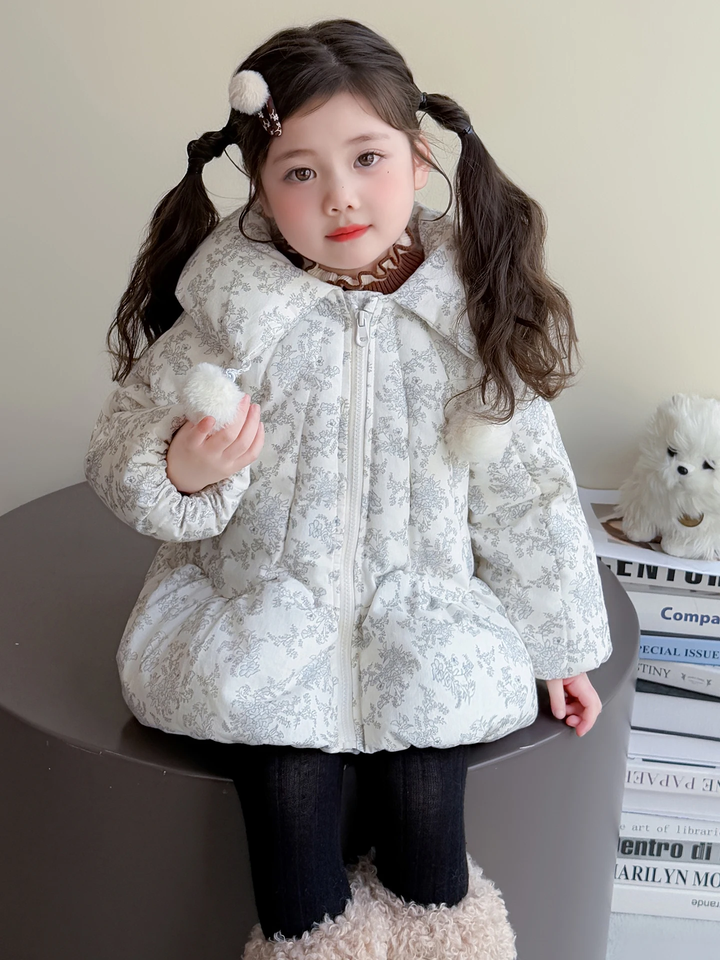 

Girls Cotton Jaet Winter Thiened Floral Embellied Ball Mask Outerwear Korean Sle Loose Fit Long Sve Zipper Closure