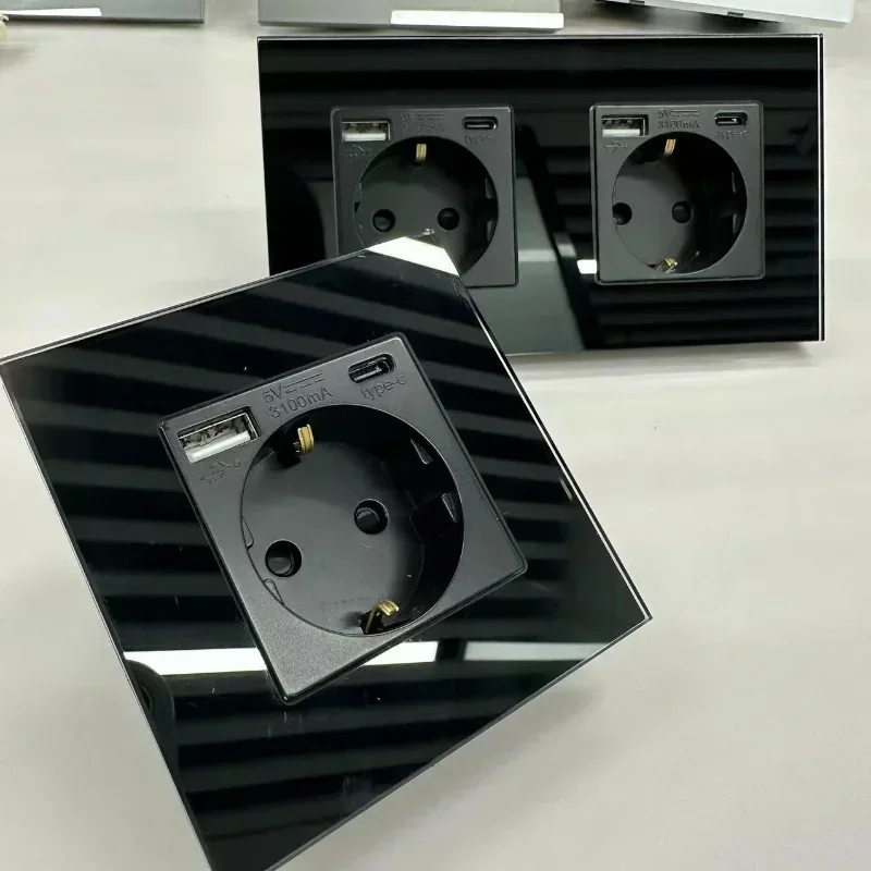 EU Standard Wall Socket with USB Type-c Light Switch Black Crystal Glass Panel Interruptor Outlet with TV network CAT6 interface