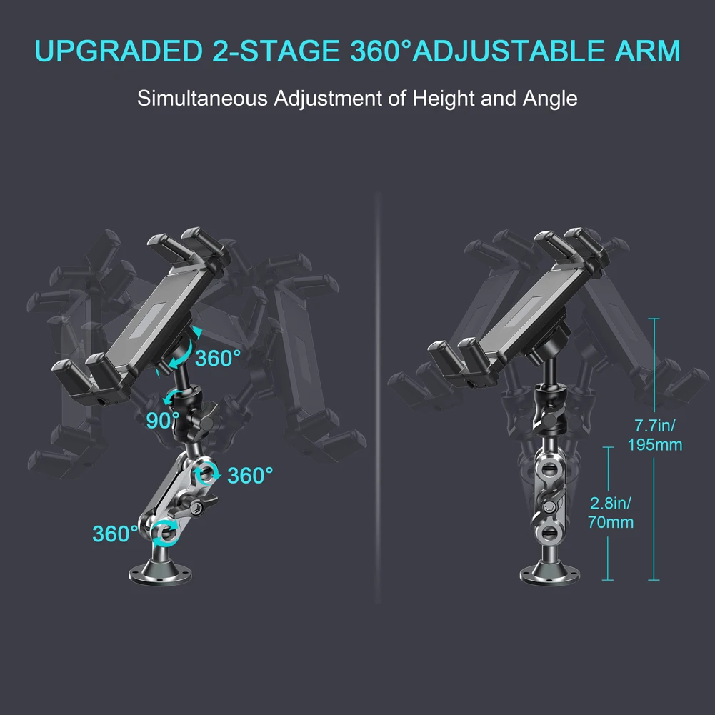 Car Phone Holder Rust Proof Heavy Duty Tablet Holder 360 Degree Rotable Aluminum Drill Base Phone Rack for Car Bike Boats Trucks