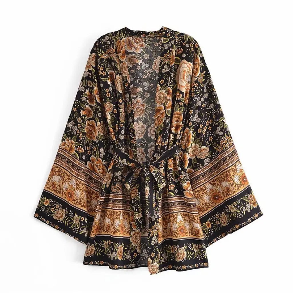 

Summer Women's Rayon Kimono Coat European American Style Watermark Flower Belt New YP8637