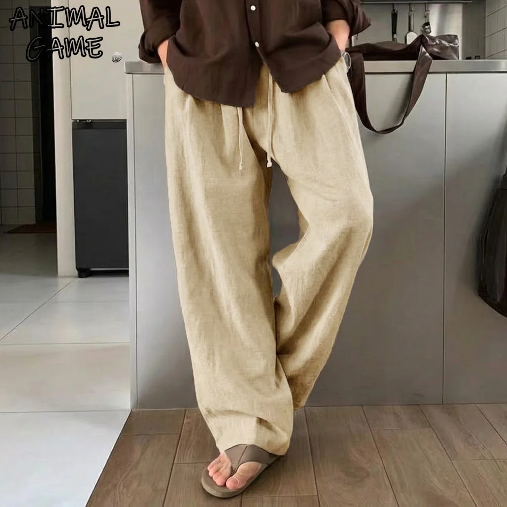 Autumn Men Casual Cotton Baggy Pants Wide Leg Pants Loose Fit Sport Straight Trousers Breathable Lightweight Linen Sweatpants