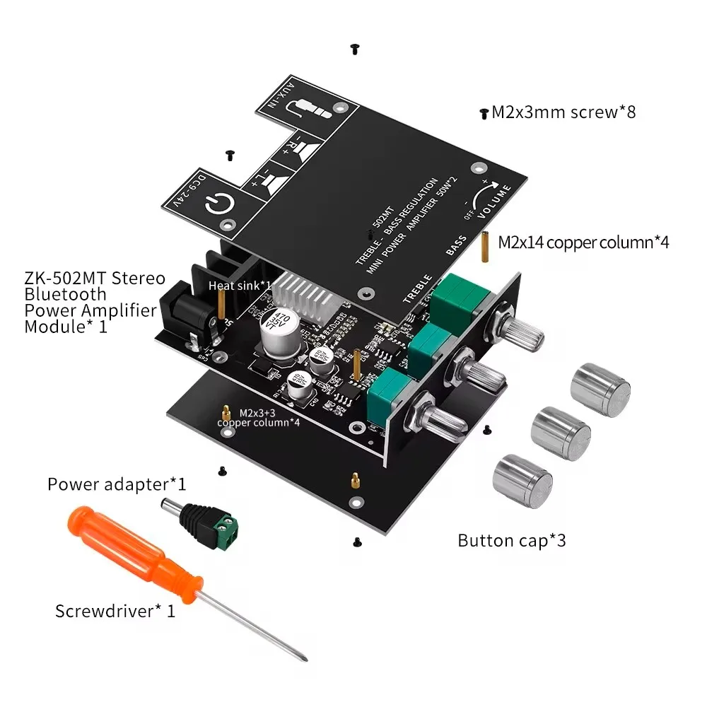 ZK-502MT Bluetooth 5.0 Subwoofer Amplifier Board 2.0 Channel High Power Audio Stereo Amplifier Board 2X50W Bass AMP