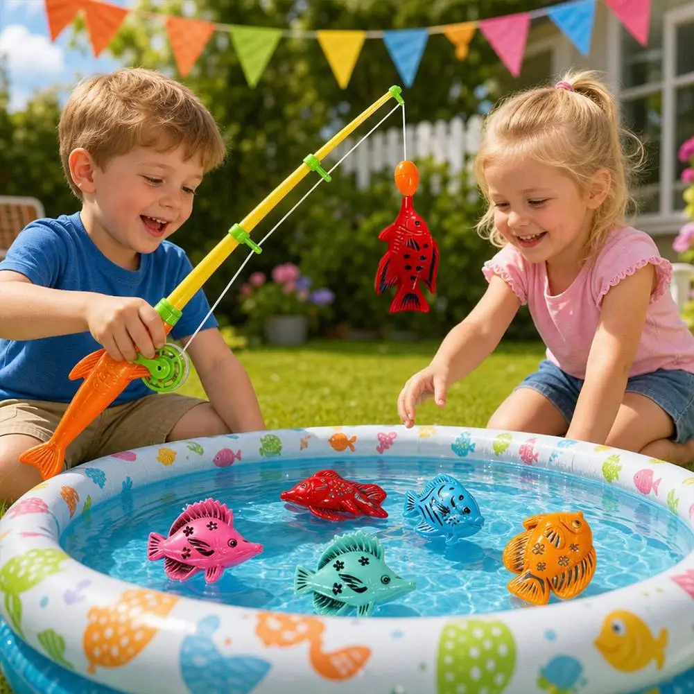 Kids Magnetic Fishing Toy Set Retractable 19‑48cm Fishing‑Rod 6Pcs Double‑Sided Floating Fish Portable Bath‑Pool Water‑Play Game