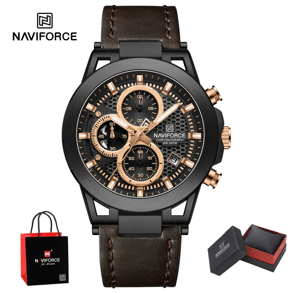 

NAVIFORCE мужские часы 30 м водонепроницаемые светящиеся часы для мужчин высокое качество кварцевый хронограф кожаные наручные часы подарочная коробка