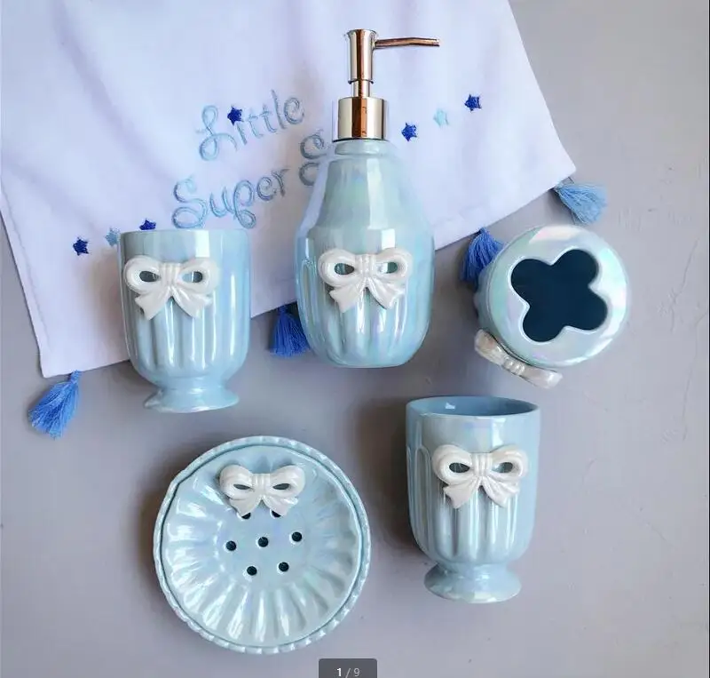 

Bow Couple Mouthwash Cup Set Hotel Wash Soap Dispenser Dish Ceramic Bathroom Kit Nordic Home Accessories