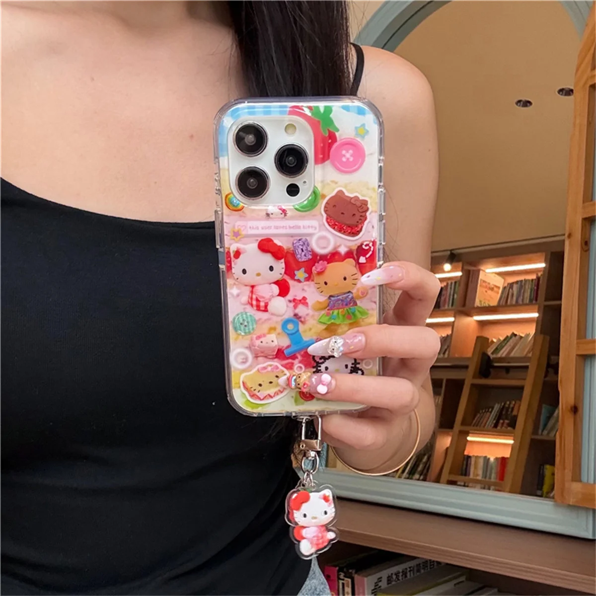 

Fashion Cute Strawberry Hellokitty Phone Case For iPhone 16 Pro 15 14 Pro Max Cover with Pendant Shockproof Cases Cartoon Capa